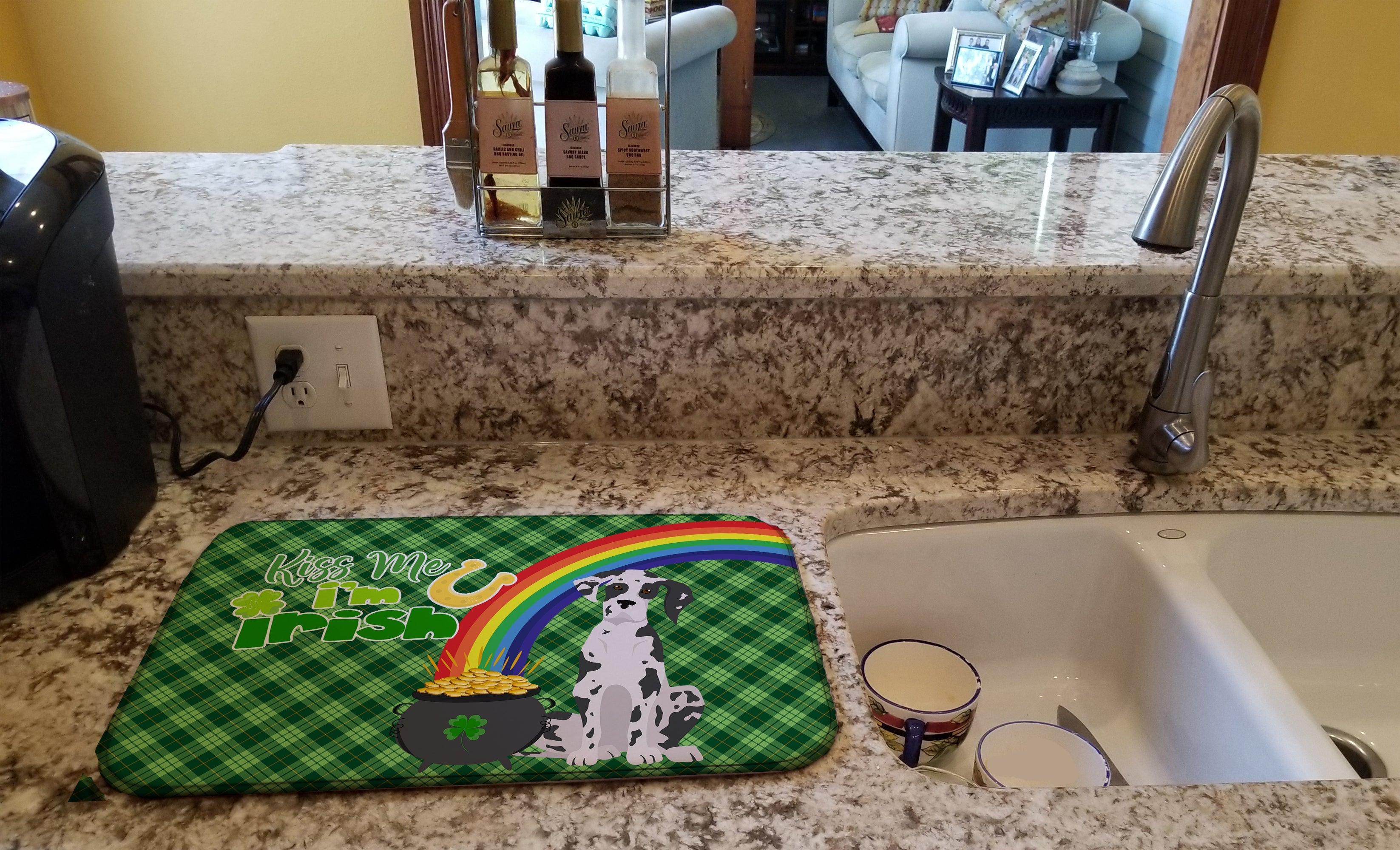 Harlequin Great Dane St. Patrick's Day Dish Drying Mat Absorbent Dish Drying Mat Pad for Kitchen Counter Dish Drainer Mat for Countertop, 14 x 21", Multicolor
