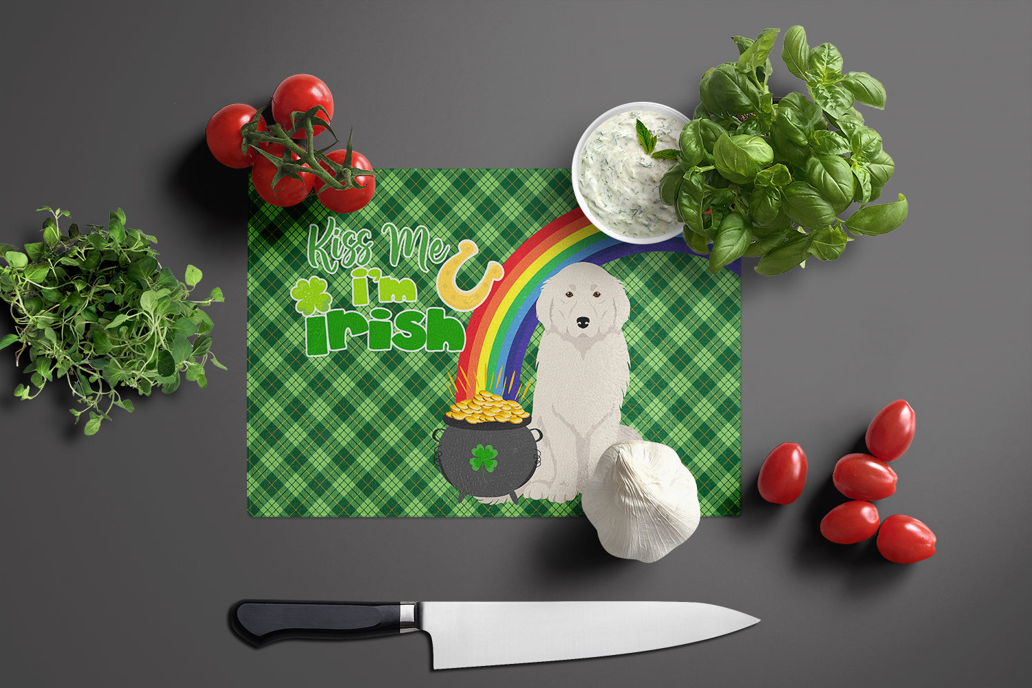 Great Pyrenees St. Patrick's Day Cutting Board Tempered Glass Kitchen Cutting Surface, Heat Resistant Chopping, Non-Slip Feet, Food Prep & Serving