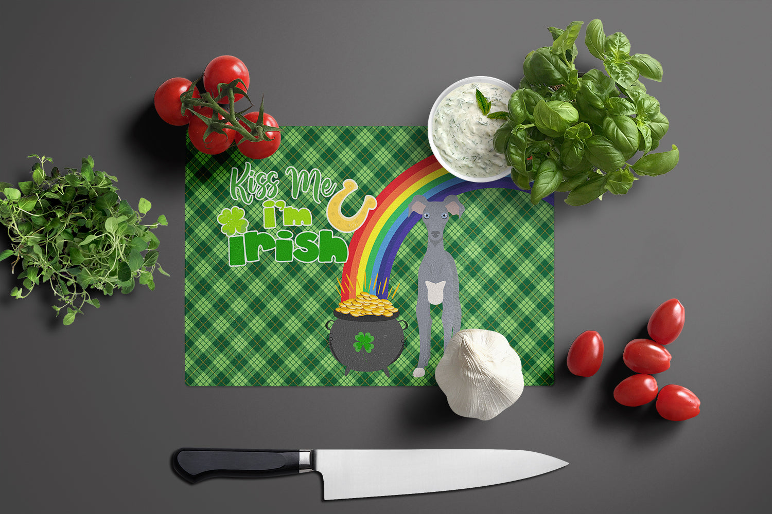 Gray Italian Greyhound St. Patrick's Day Cutting Board Tempered Glass Kitchen Cutting Surface, Heat Resistant Chopping, Non-Slip Feet, Food Prep & Serving