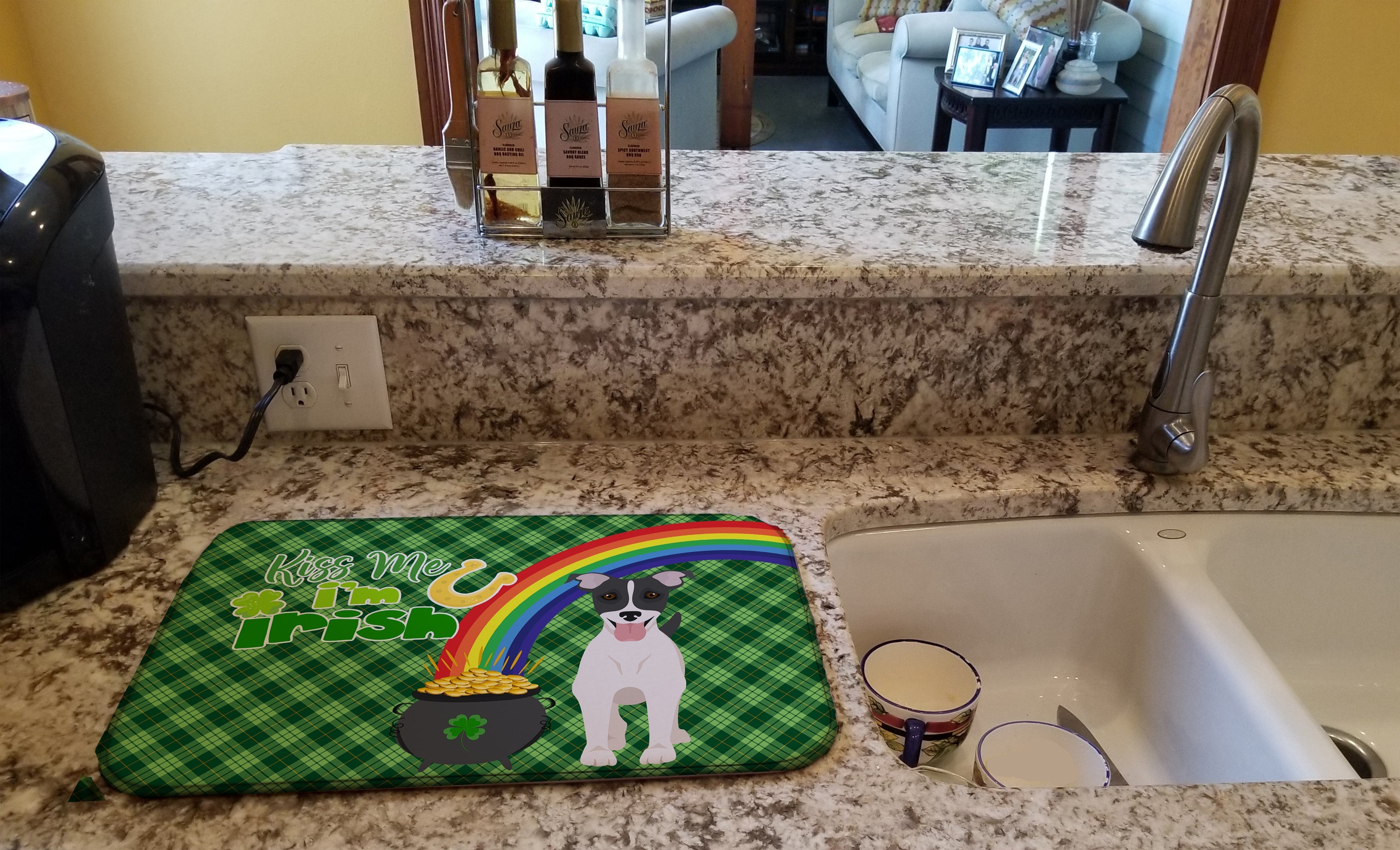Black White Smooth Jack Russell Terrier St. Patrick's Day Dish Drying Mat Absorbent Dish Drying Mat Pad for Kitchen Counter Dish Drainer Mat for Countertop, 14 x 21", Multicolor