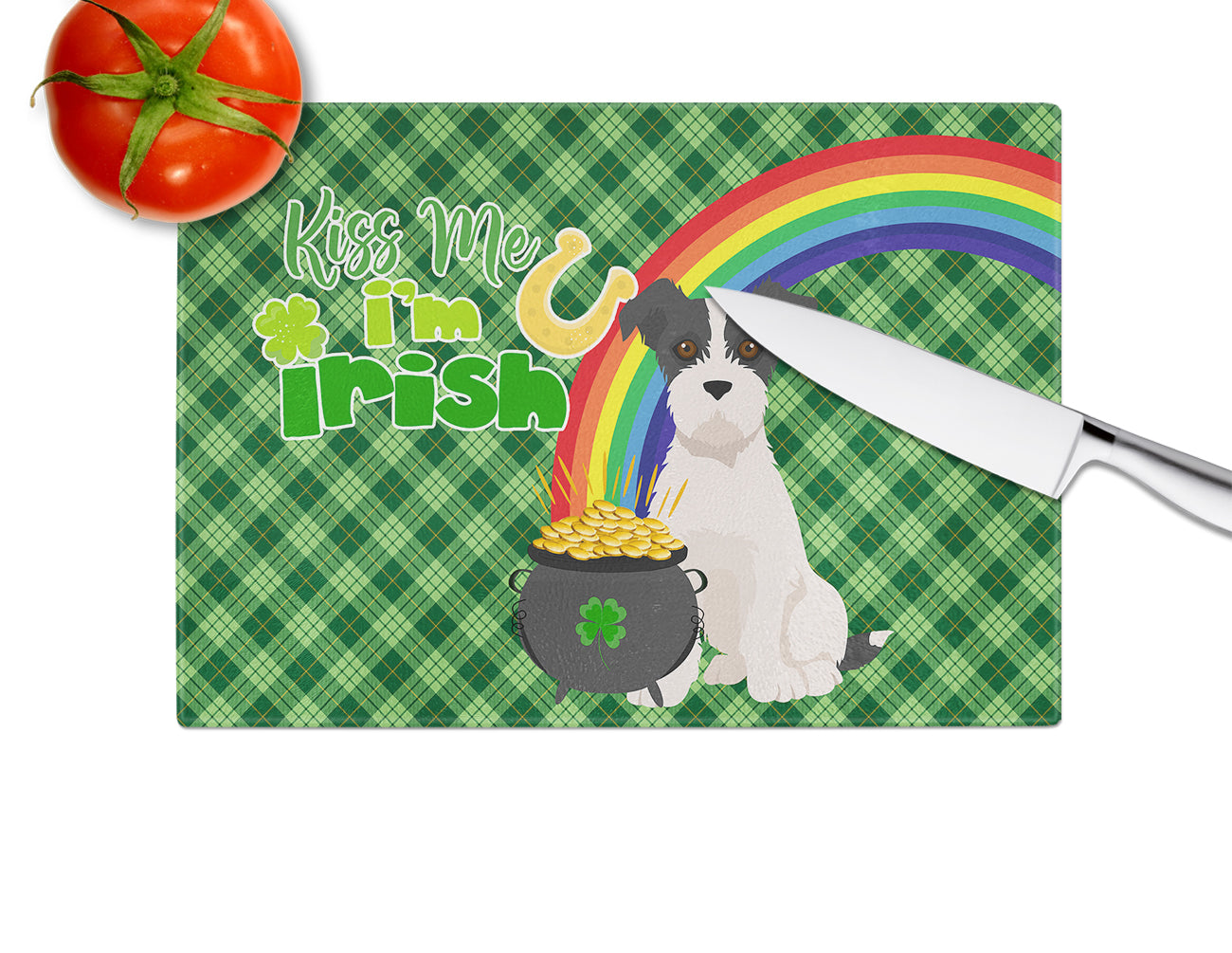 Black White Wirehair Jack Russell Terrier St. Patrick's Day Cutting Board Tempered Glass Kitchen Cutting Surface, Heat Resistant Chopping, Non-Slip Feet, Food Prep & Serving