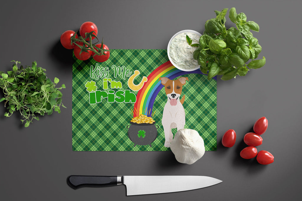 Brown White Smooth Jack Russell Terrier St. Patrick's Day Cutting Board Tempered Glass Kitchen Cutting Surface, Heat Resistant Chopping, Non-Slip Feet, Food Prep & Serving