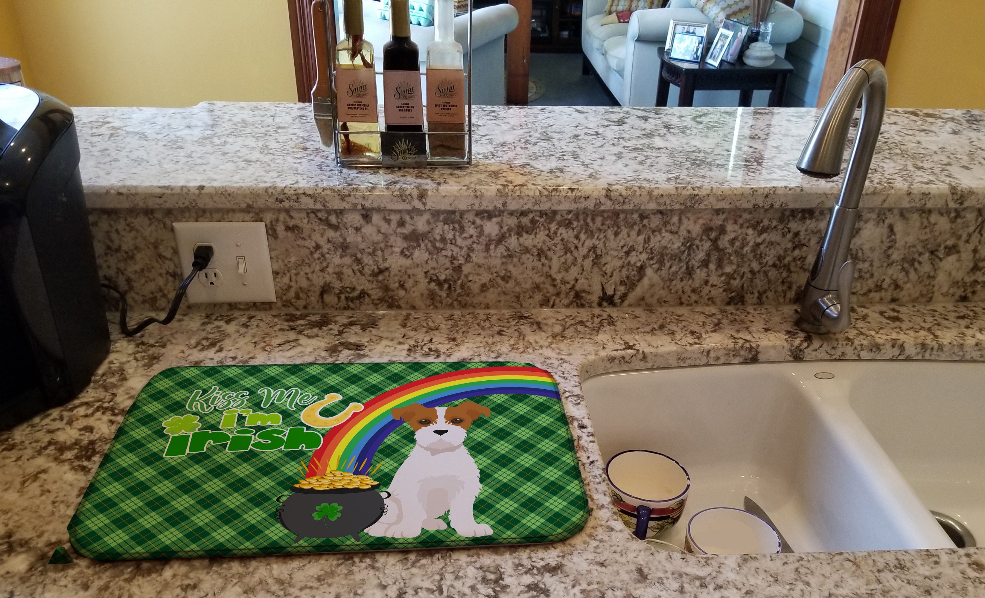 Brown White Wirehair Jack Russell Terrier St. Patrick's Day Dish Drying Mat Absorbent Dish Drying Mat Pad for Kitchen Counter Dish Drainer Mat for Countertop, 14 x 21", Multicolor