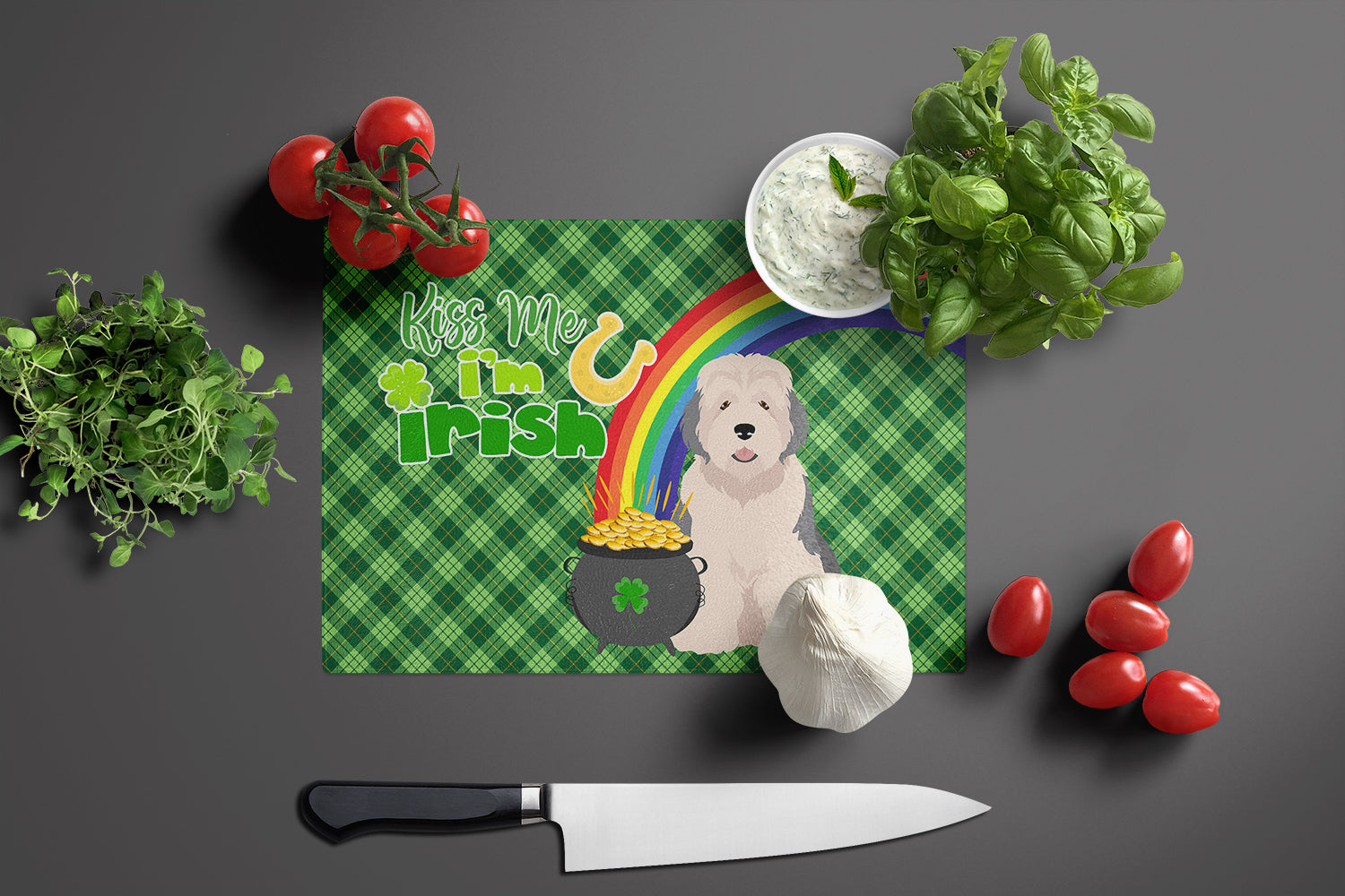 Old English Sheepdog St. Patrick's Day Cutting Board Tempered Glass Kitchen Cutting Surface, Heat Resistant Chopping, Non-Slip Feet, Food Prep & Serving