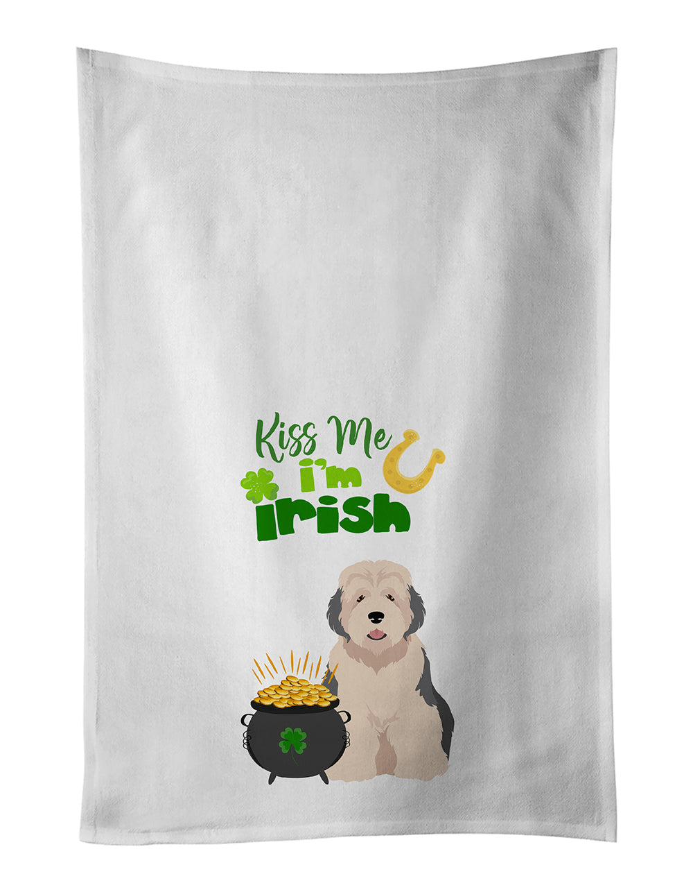 Old English Sheepdog St. Patrick's Day Kitchen Towel Set of 2 White Dish Towels Decorative Bathroom Hand towel for Hand, Face, Hair, Yoga, Tea, Dishcloth, 19 X 28", White