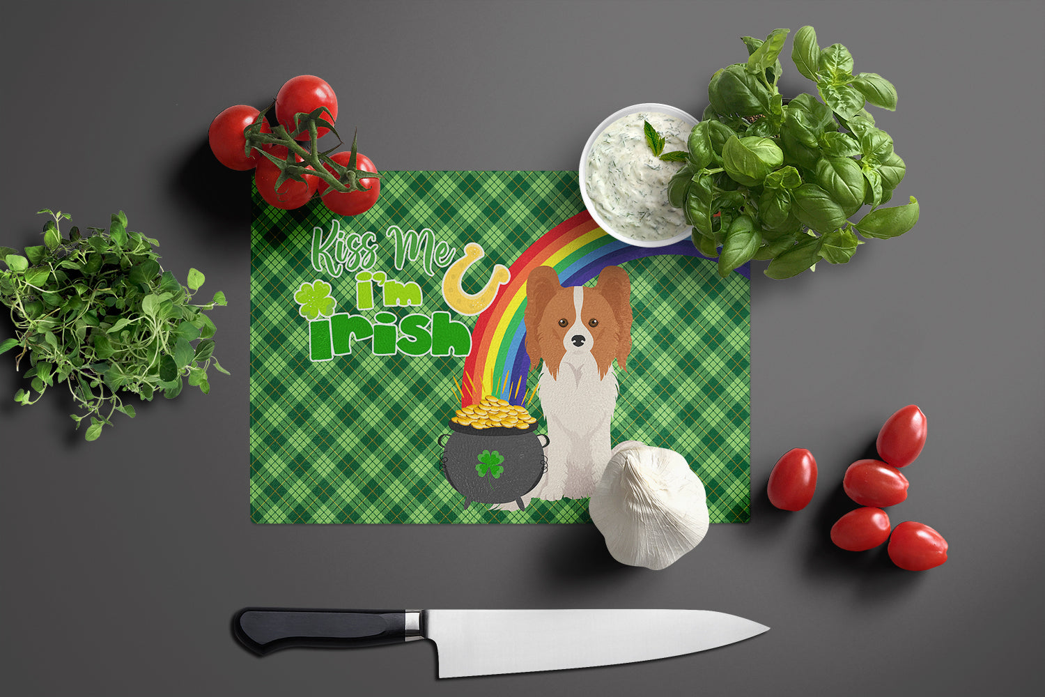 Red and White Papillon St. Patrick's Day Cutting Board Tempered Glass Kitchen Cutting Surface, Heat Resistant Chopping, Non-Slip Feet, Food Prep & Serving