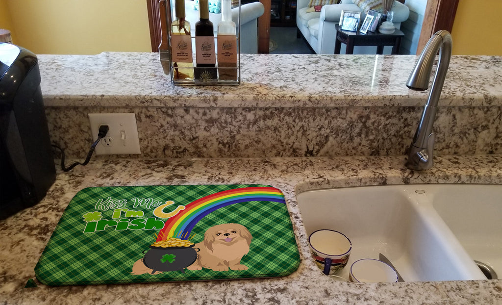 Gold Pekingese St. Patrick's Day Dish Drying Mat Absorbent Dish Drying Mat Pad for Kitchen Counter Dish Drainer Mat for Countertop, 14 x 21", Multicolor