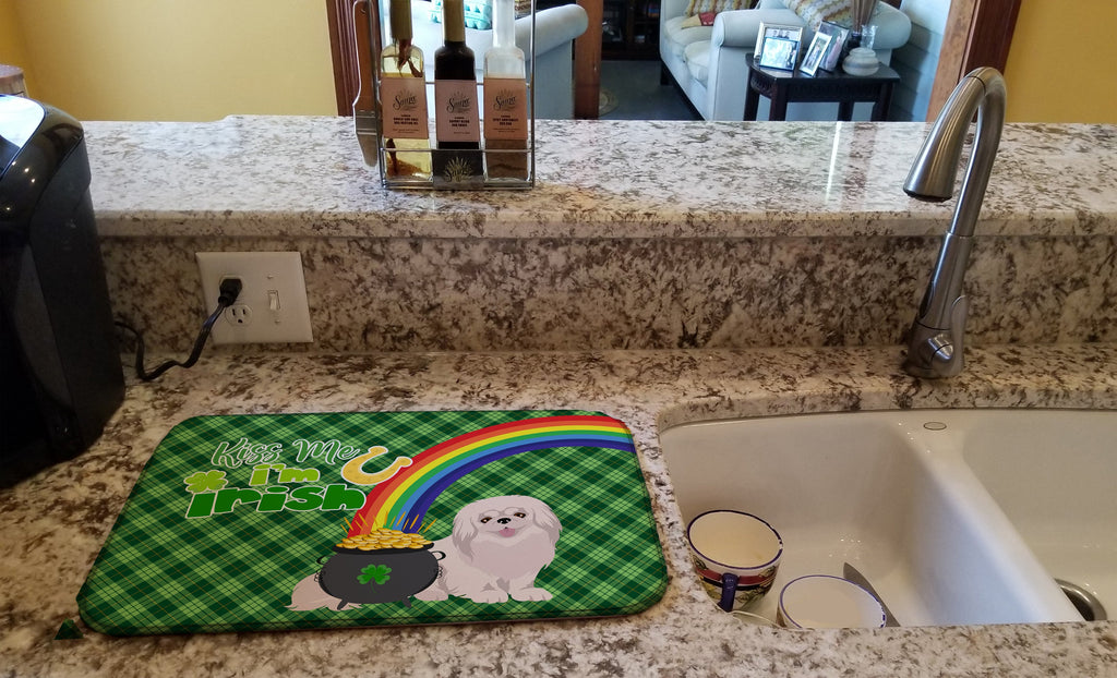 White Pekingese St. Patrick's Day Dish Drying Mat Absorbent Dish Drying Mat Pad for Kitchen Counter Dish Drainer Mat for Countertop, 14 x 21", Multicolor