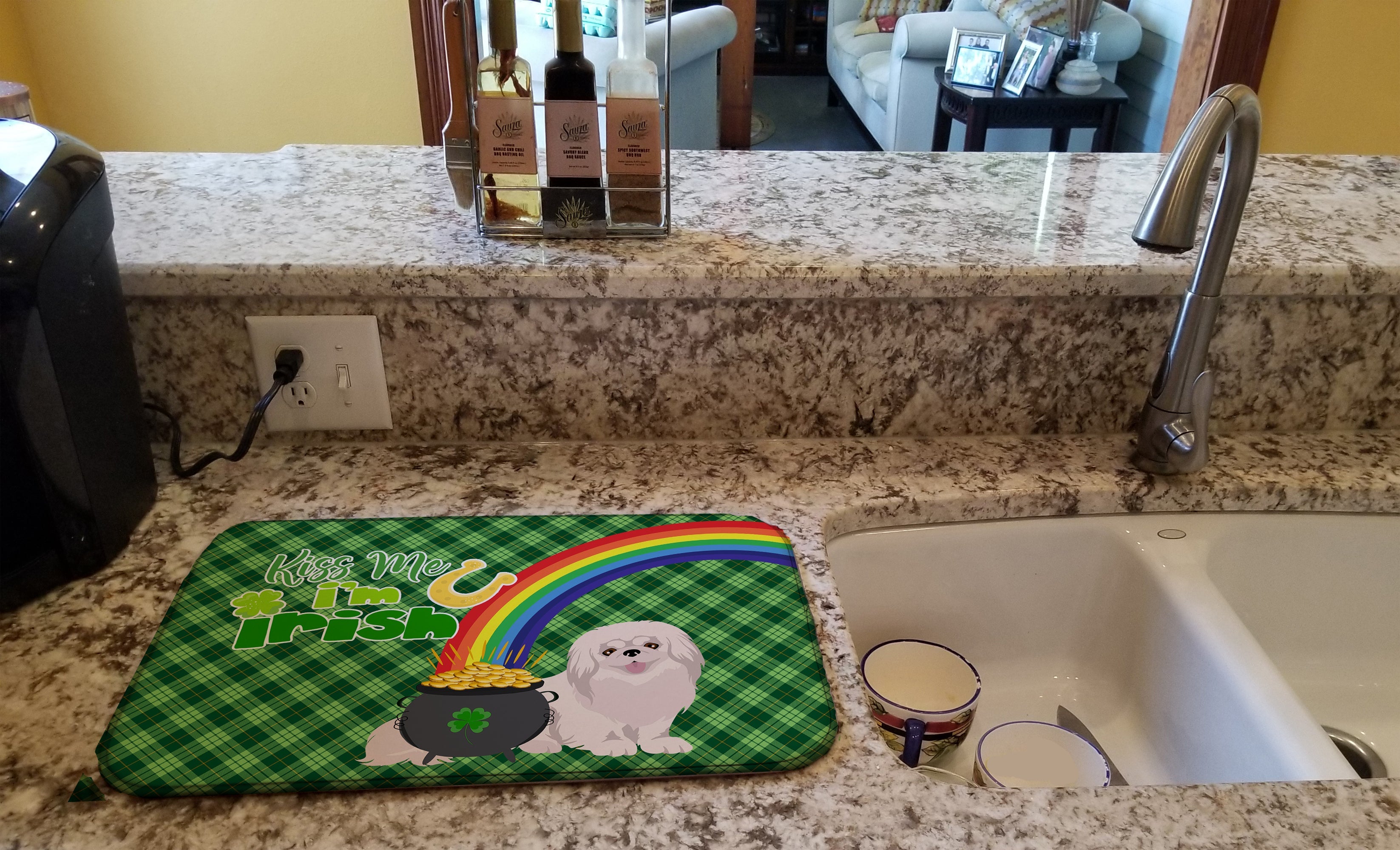 White Pekingese St. Patrick's Day Dish Drying Mat Absorbent Dish Drying Mat Pad for Kitchen Counter Dish Drainer Mat for Countertop, 14 x 21", Multicolor