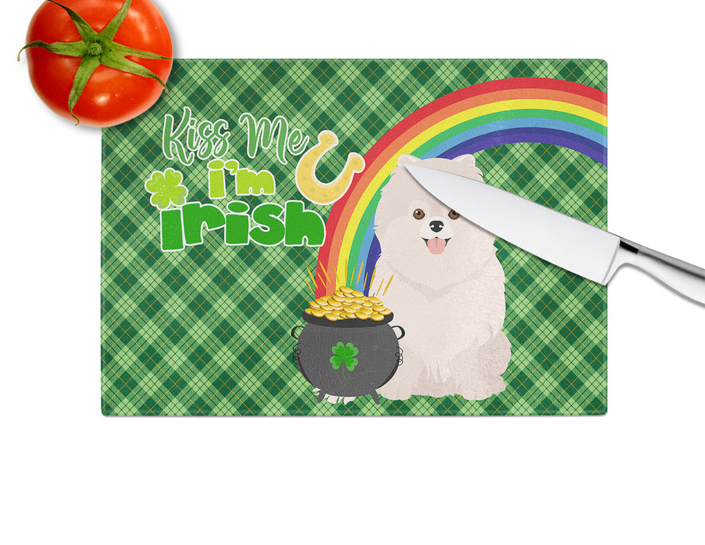 White Pomeranian St. Patrick's Day Cutting Board Tempered Glass Kitchen Cutting Surface, Heat Resistant Chopping, Non-Slip Feet, Food Prep & Serving