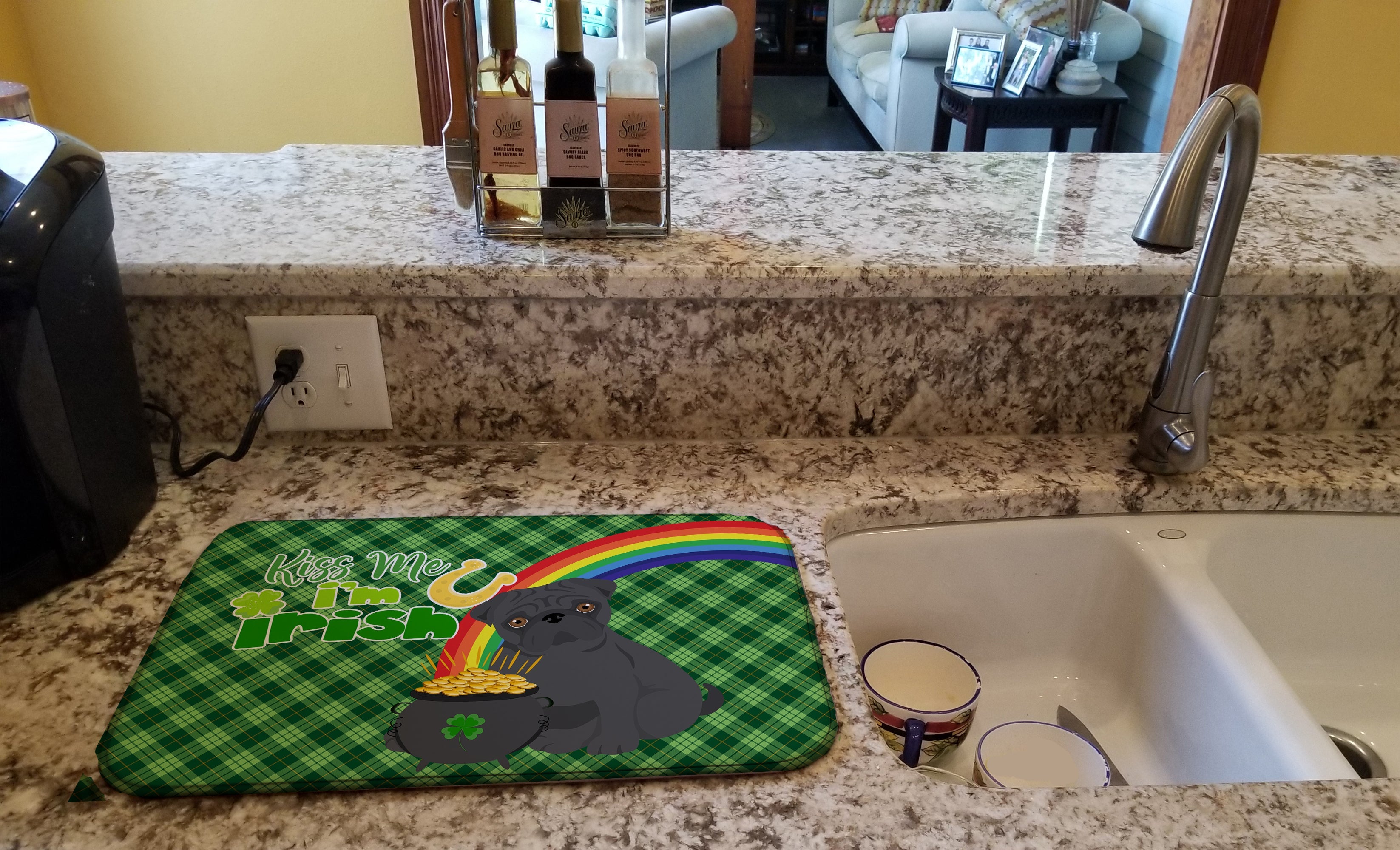 Black Pug St. Patrick's Day Dish Drying Mat Absorbent Dish Drying Mat Pad for Kitchen Counter Dish Drainer Mat for Countertop, 14 x 21", Multicolor