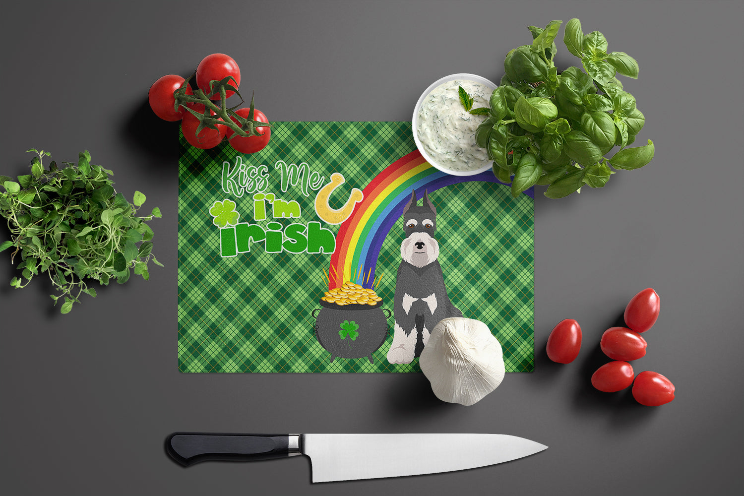 Black and Silver Schnauzer St. Patrick's Day Cutting Board Tempered Glass Kitchen Cutting Surface, Heat Resistant Chopping, Non-Slip Feet, Food Prep & Serving