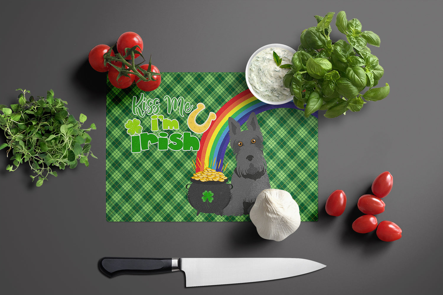 Black Scottish Terrier St. Patrick's Day Cutting Board Tempered Glass Kitchen Cutting Surface, Heat Resistant Chopping, Non-Slip Feet, Food Prep & Serving