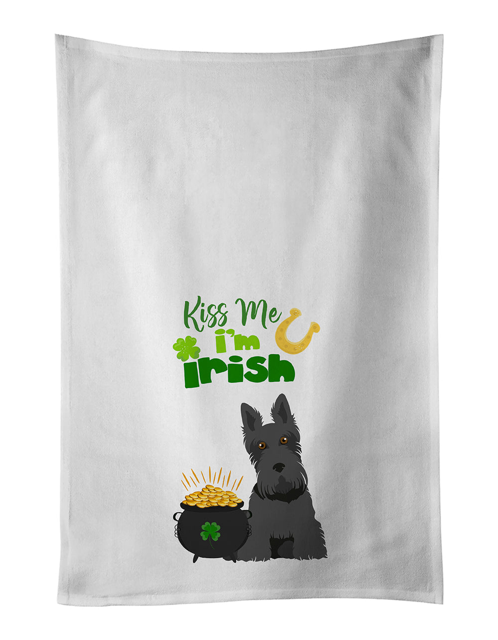 Black Scottish Terrier St. Patrick's Day Kitchen Towel Set of 2 White Dish Towels Decorative Bathroom Hand towel for Hand, Face, Hair, Yoga, Tea, Dishcloth, 19 X 28", White