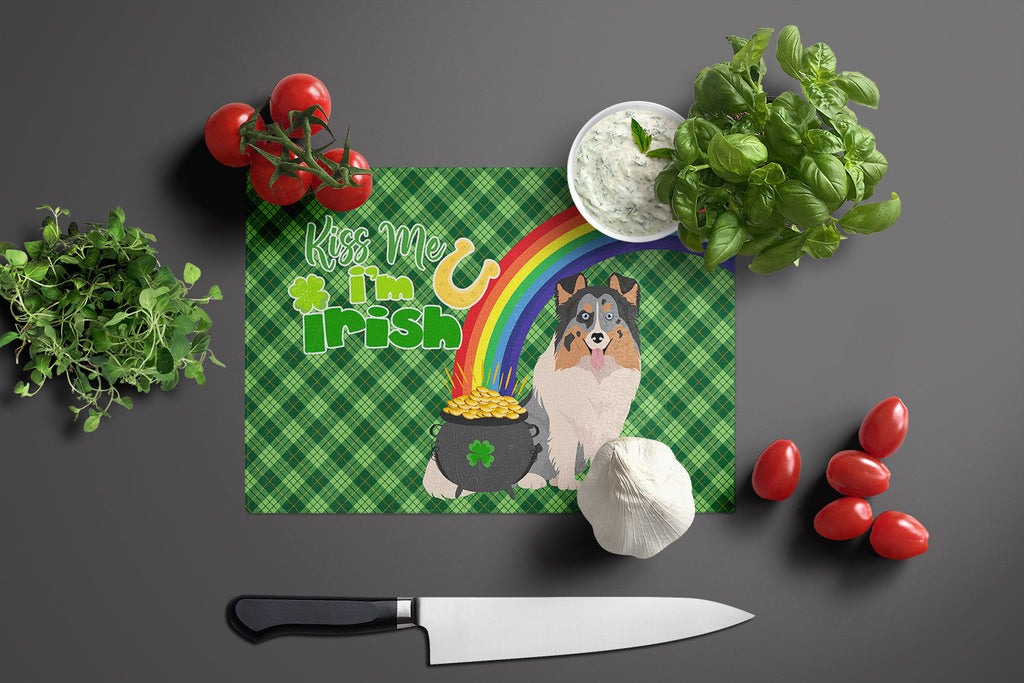 Blue Merle Sheltie St. Patrick's Day Cutting Board Tempered Glass Kitchen Cutting Surface, Heat Resistant Chopping, Non-Slip Feet, Food Prep & Serving