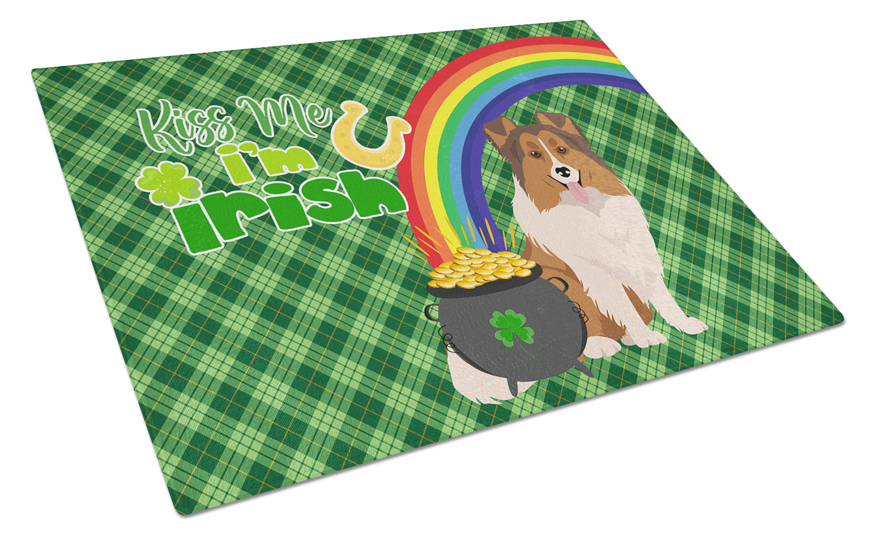 Sable Sheltie St. Patrick's Day Cutting Board Tempered Glass Kitchen Cutting Surface, Heat Resistant Chopping, Non-Slip Feet, Food Prep & Serving