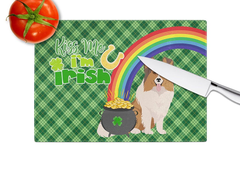 Sable Sheltie St. Patrick's Day Cutting Board Tempered Glass Kitchen Cutting Surface, Heat Resistant Chopping, Non-Slip Feet, Food Prep & Serving