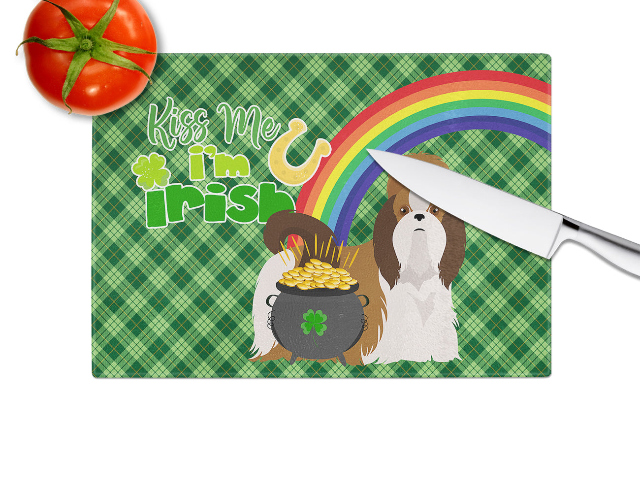 Red and White Shih Tzu St. Patrick's Day Cutting Board Tempered Glass Kitchen Cutting Surface, Heat Resistant Chopping, Non-Slip Feet, Food Prep & Serving