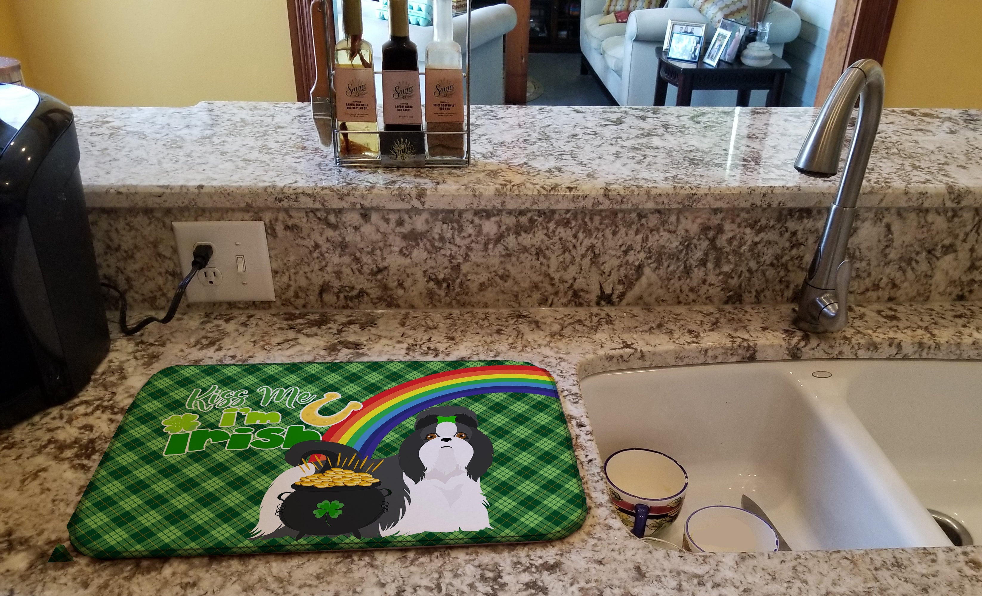 Black and White Shih Tzu St. Patrick's Day Dish Drying Mat Absorbent Dish Drying Mat Pad for Kitchen Counter Dish Drainer Mat for Countertop, 14 x 21", Multicolor