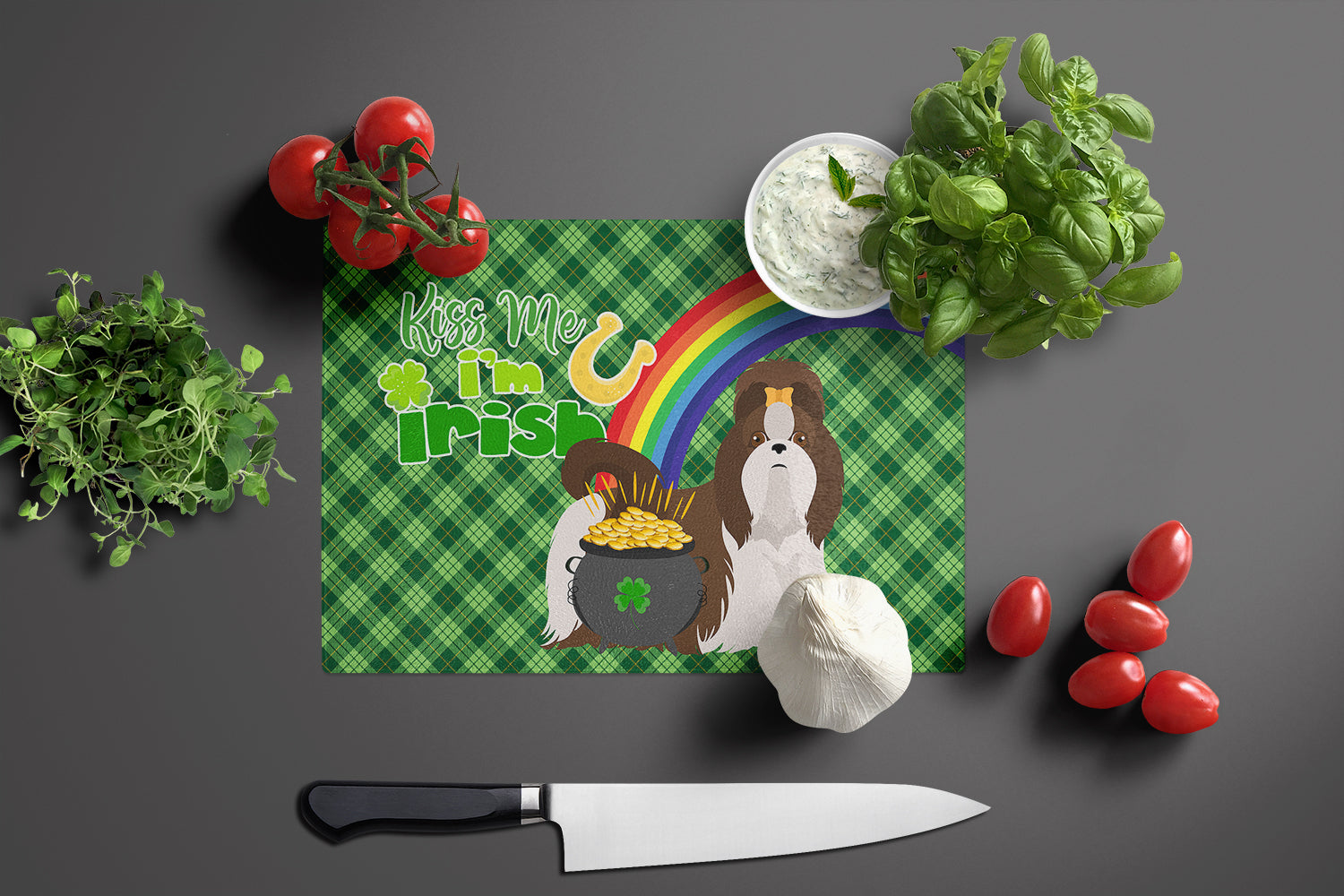Liver and White Shih Tzu St. Patrick's Day Cutting Board Tempered Glass Kitchen Cutting Surface, Heat Resistant Chopping, Non-Slip Feet, Food Prep & Serving