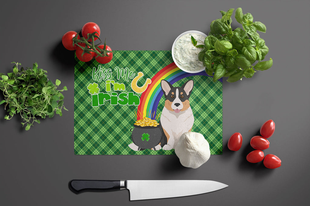 Tricolor Cardigan Corgi St. Patrick's Day Cutting Board Tempered Glass Kitchen Cutting Surface, Heat Resistant Chopping, Non-Slip Feet, Food Prep & Serving