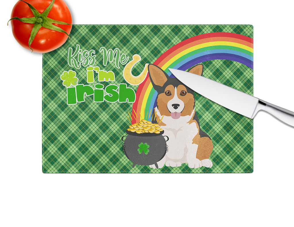Sable Pembroke Corgi St. Patrick's Day Cutting Board Tempered Glass Kitchen Cutting Surface, Heat Resistant Chopping, Non-Slip Feet, Food Prep & Serving