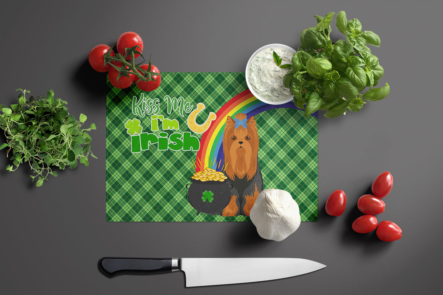 Black and Tan Full Coat Yorkshire Terrier St. Patrick's Day Cutting Board Tempered Glass Kitchen Cutting Surface, Heat Resistant Chopping, Non-Slip Feet, Food Prep & Serving