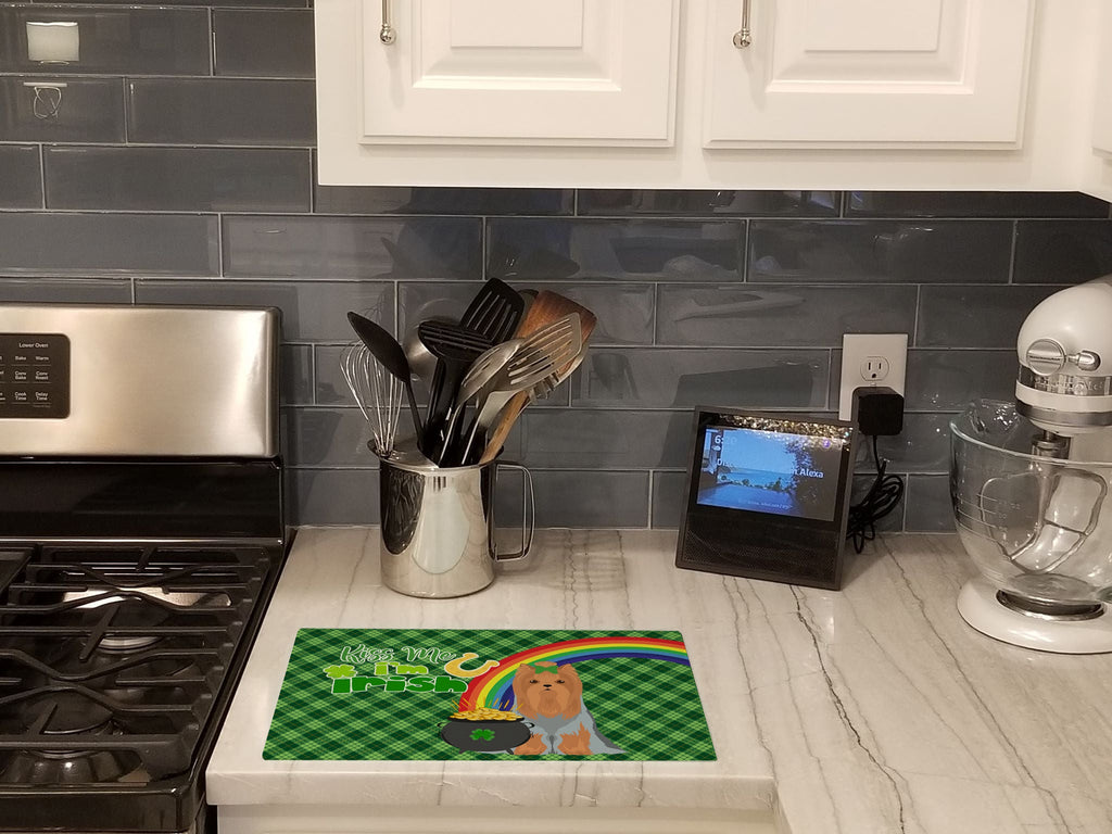 Blue and Tan Full Coat Yorkshire Terrier St. Patrick's Day Cutting Board Tempered Glass Kitchen Cutting Surface, Heat Resistant Chopping, Non-Slip Feet, Food Prep & Serving
