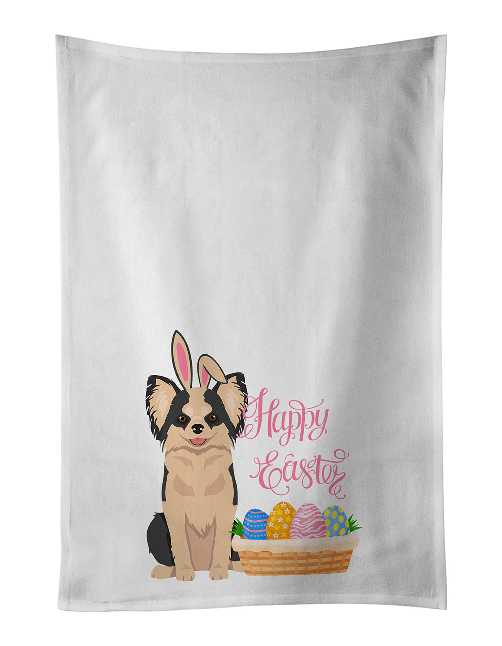 Longhaired Black and White #2 Chihuahua Easter Kitchen Towel Set of 2 White Dish Towels Decorative Bathroom Hand towel for Hand, Face, Hair, Yoga, Tea, Dishcloth, 19 X 28", White