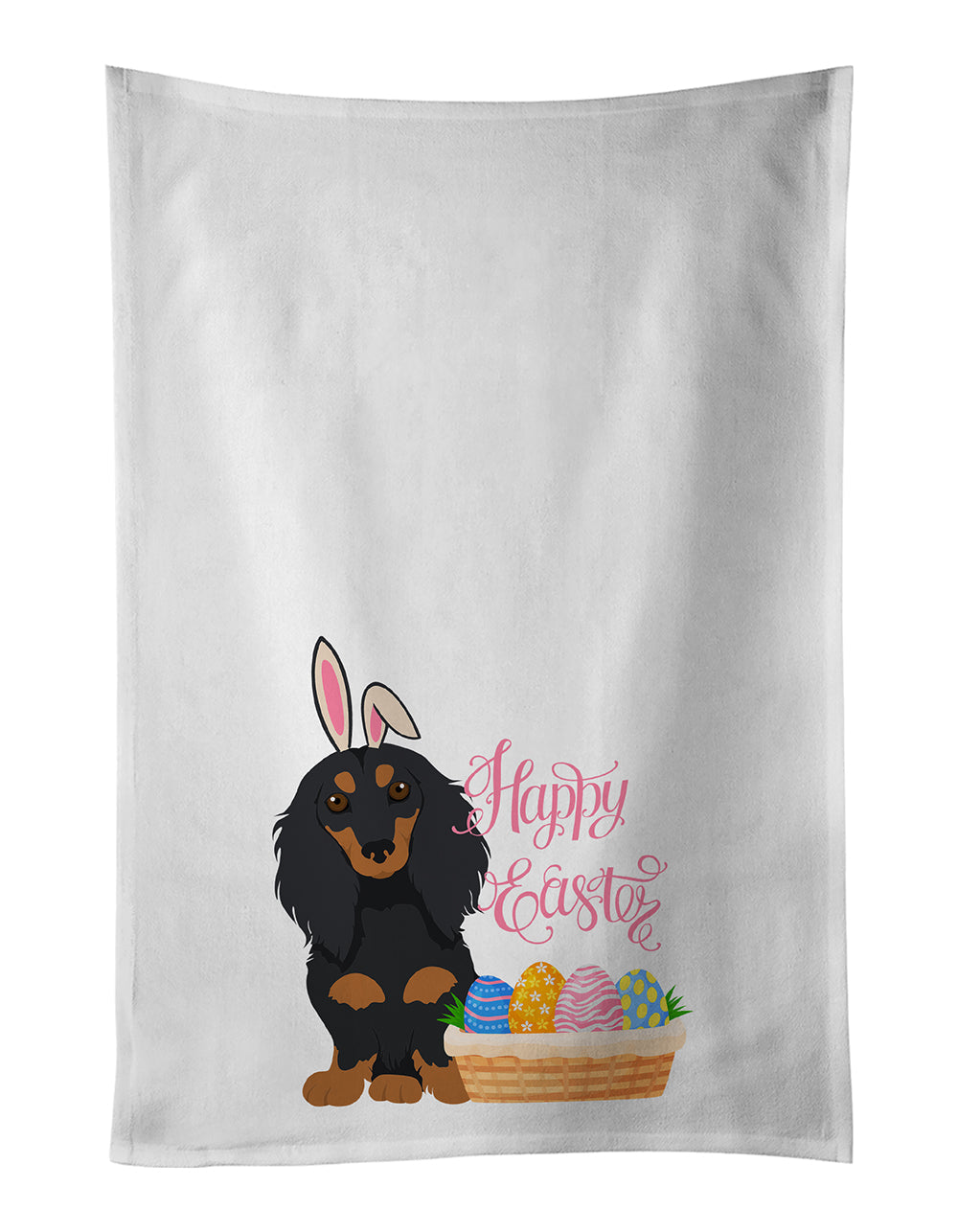 Longhair Black and Tan Dachshund Easter Kitchen Towel Set of 2 White Dish Towels Decorative Bathroom Hand towel for Hand, Face, Hair, Yoga, Tea, Dishcloth, 19 X 28", White