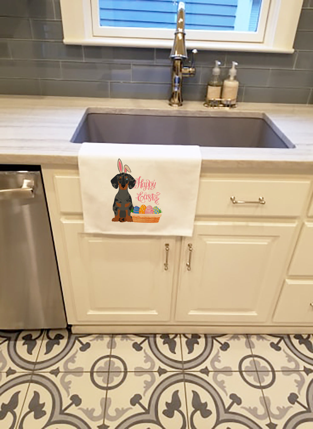 Black Dapple Dachshund Easter Kitchen Towel Set of 2 White Dish Towels Decorative Bathroom Hand towel for Hand, Face, Hair, Yoga, Tea, Dishcloth, 19 X 28", White