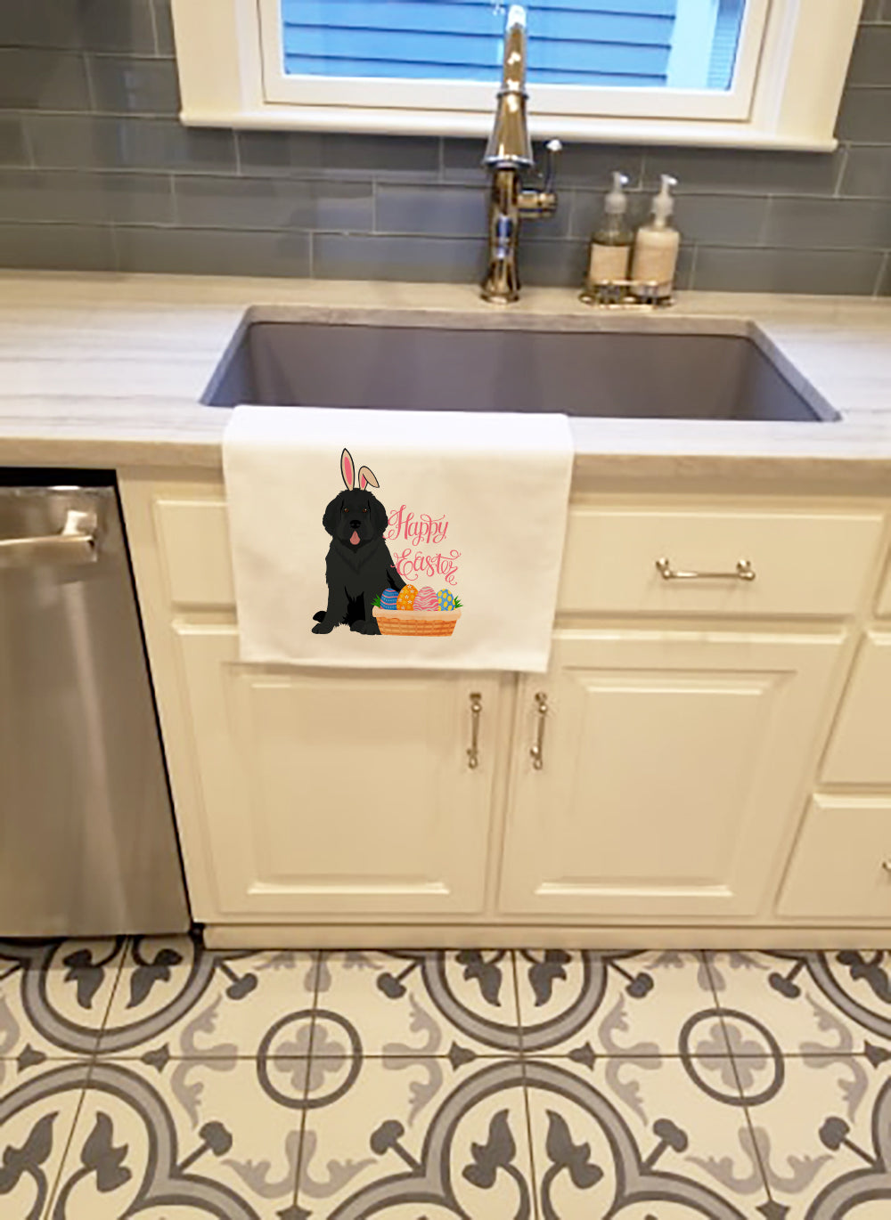 Black Newfoundland Easter Kitchen Towel Set of 2 White Dish Towels Decorative Bathroom Hand towel for Hand, Face, Hair, Yoga, Tea, Dishcloth, 19 X 28", White