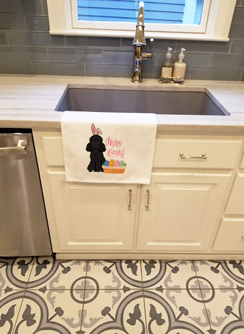 Toy Black Poodle Easter Kitchen Towel Set of 2 White Dish Towels Decorative Bathroom Hand towel for Hand, Face, Hair, Yoga, Tea, Dishcloth, 19 X 28", White