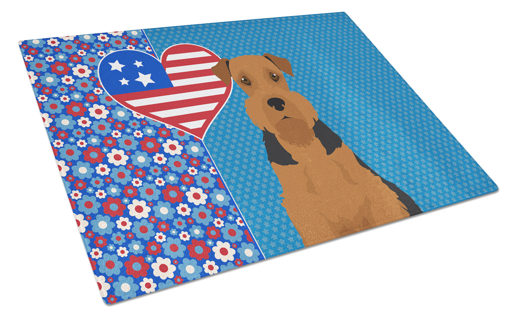 Black and Tan Airedale Terrier USA American Cutting Board Tempered Glass Kitchen Cutting Surface, Heat Resistant Chopping, Non-Slip Feet, Food Prep & Serving