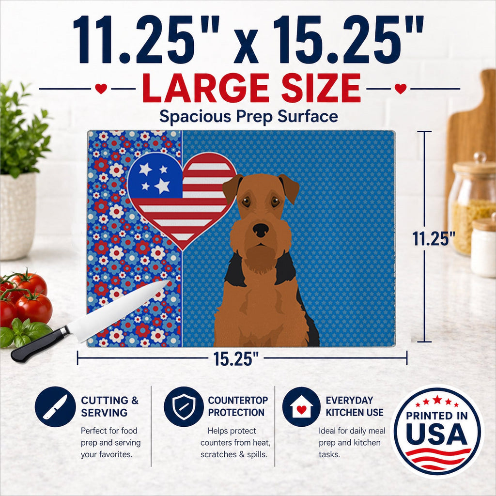 Black and Tan Airedale Terrier USA American Cutting Board Tempered Glass Kitchen Cutting Surface, Heat Resistant Chopping, Non-Slip Feet, Food Prep & Serving