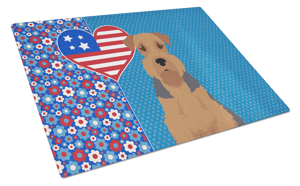 Grizzle and Tan Airedale Terrier USA American Cutting Board Tempered Glass Kitchen Cutting Surface, Heat Resistant Chopping, Non-Slip Feet, Food Prep & Serving