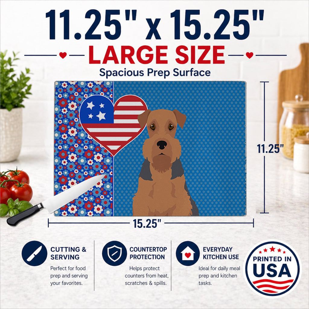 Grizzle and Tan Airedale Terrier USA American Cutting Board Tempered Glass Kitchen Cutting Surface, Heat Resistant Chopping, Non-Slip Feet, Food Prep & Serving