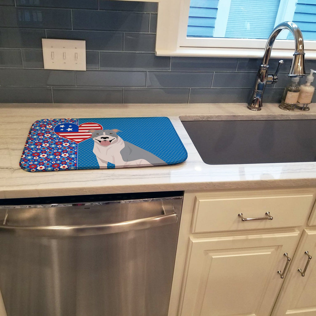 Blue and White Pit Bull Terrier USA American Dish Drying Mat Absorbent Dish Drying Mat Pad for Kitchen Counter Dish Drainer Mat for Countertop, 14 x 21", Multicolor