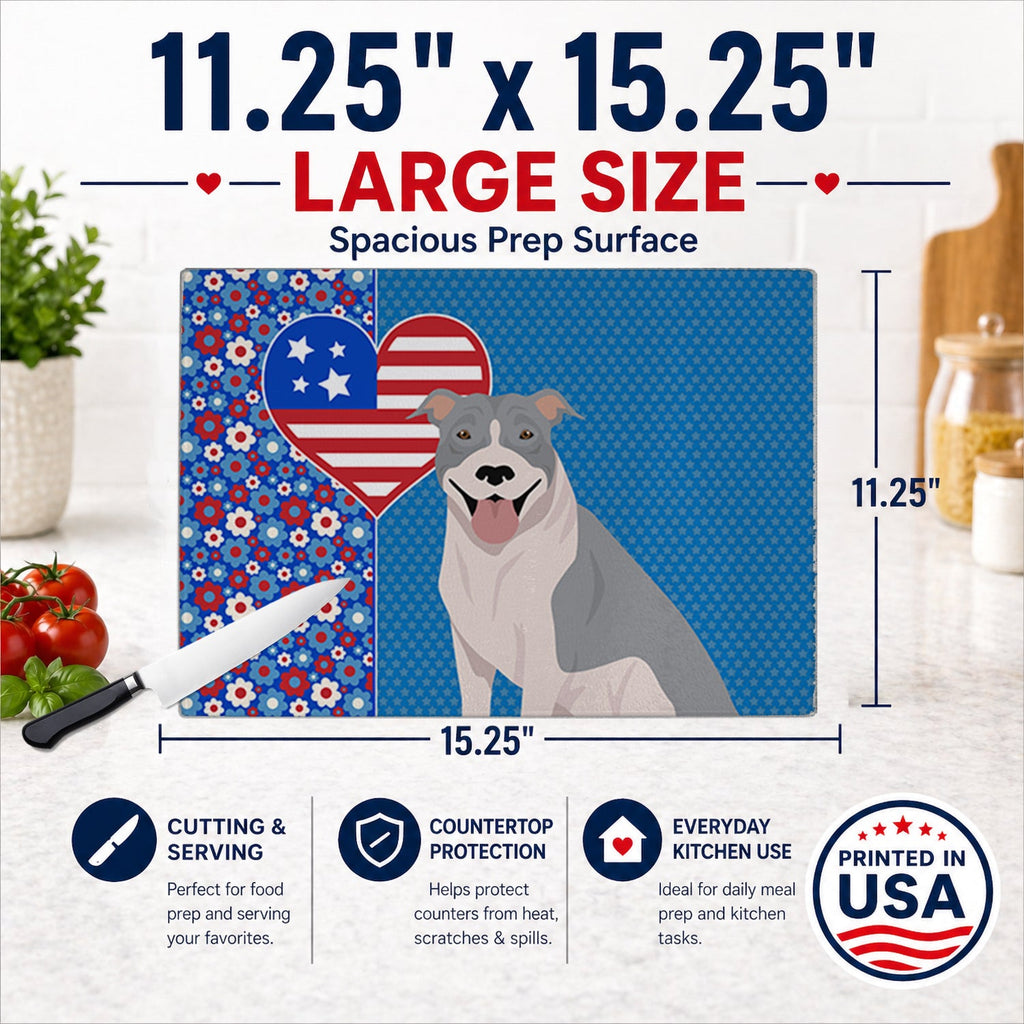 Blue and White Pit Bull Terrier USA American Cutting Board Tempered Glass Kitchen Cutting Surface, Heat Resistant Chopping, Non-Slip Feet, Food Prep & Serving