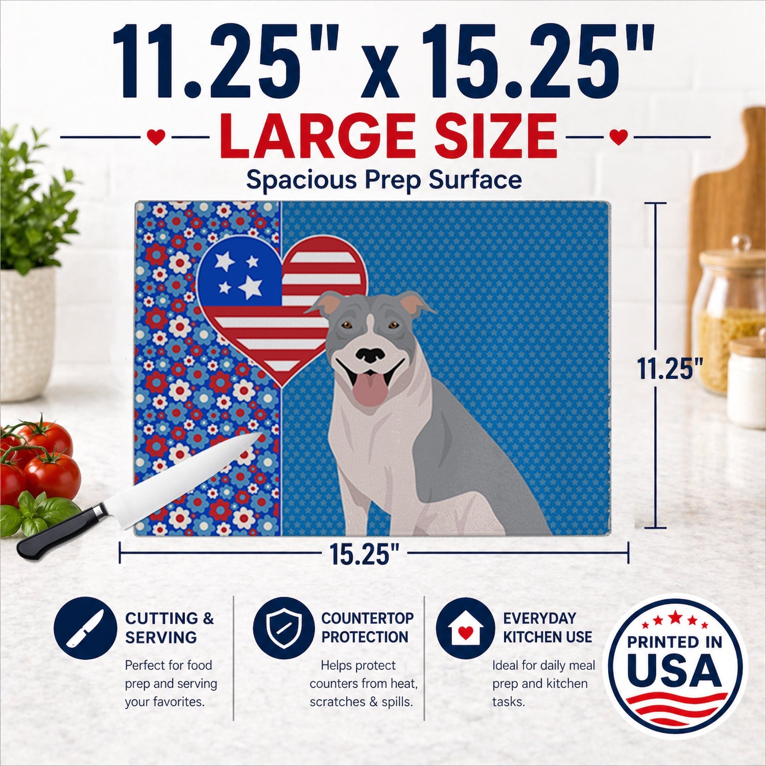 Blue and White Pit Bull Terrier USA American Cutting Board Tempered Glass Kitchen Cutting Surface, Heat Resistant Chopping, Non-Slip Feet, Food Prep & Serving