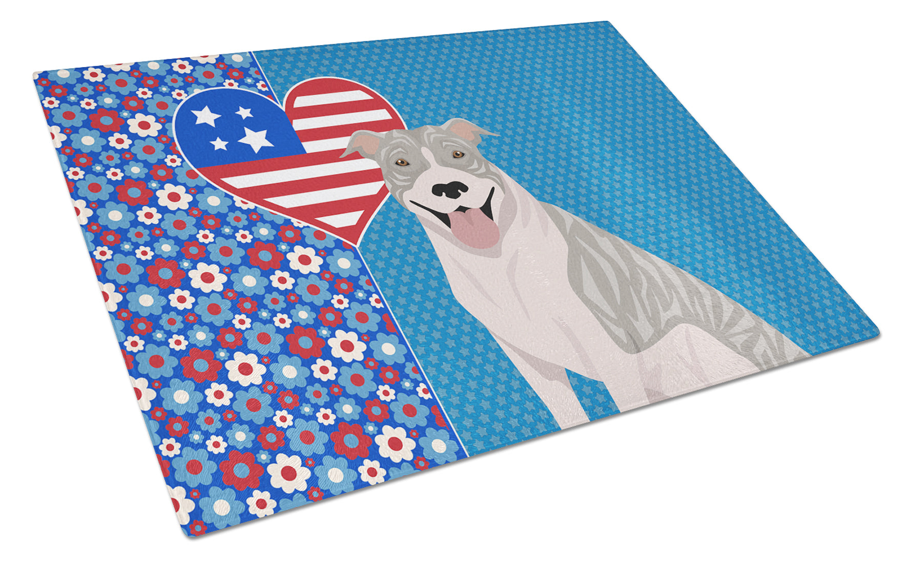 Blue Brindle Pit Bull Terrier USA American Cutting Board Tempered Glass Kitchen Cutting Surface, Heat Resistant Chopping, Non-Slip Feet, Food Prep & Serving