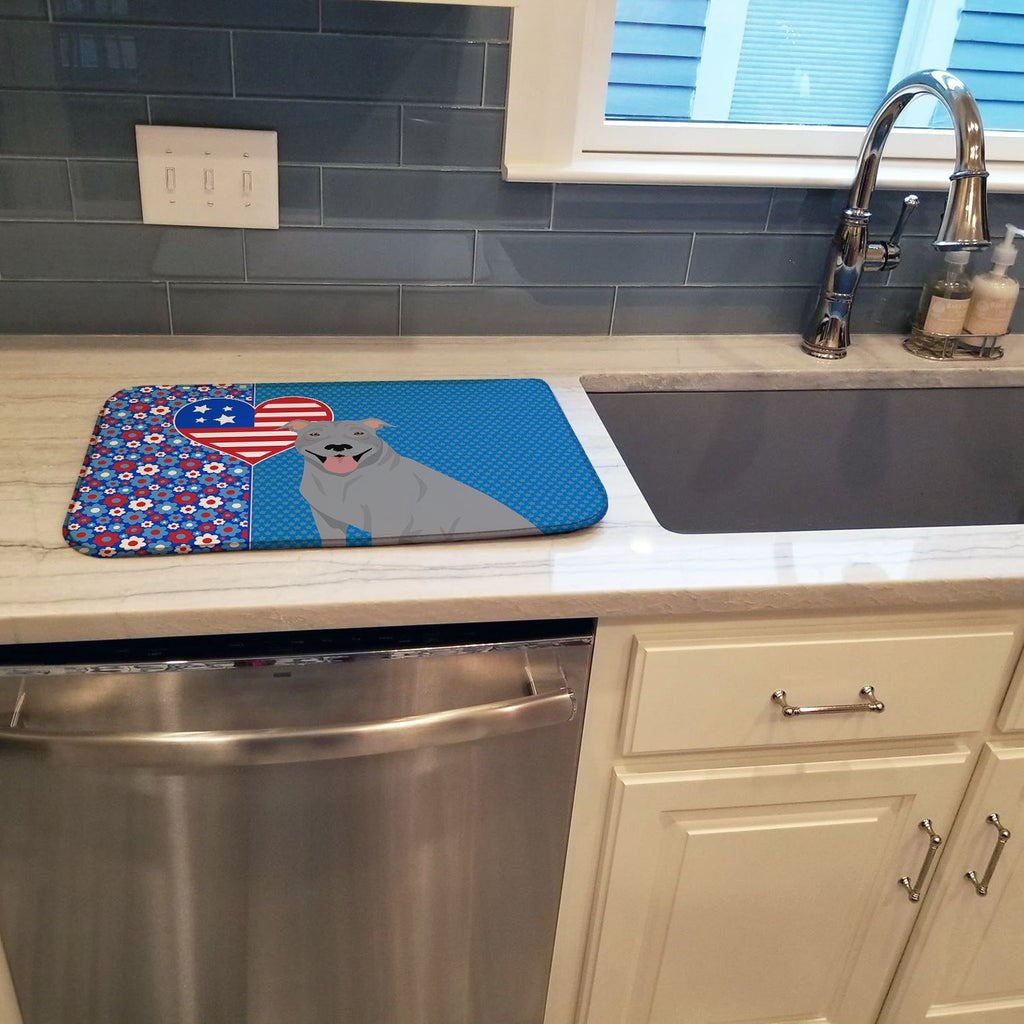 Blue Pit Bull Terrier USA American Dish Drying Mat Absorbent Dish Drying Mat Pad for Kitchen Counter Dish Drainer Mat for Countertop, 14 x 21", Multicolor
