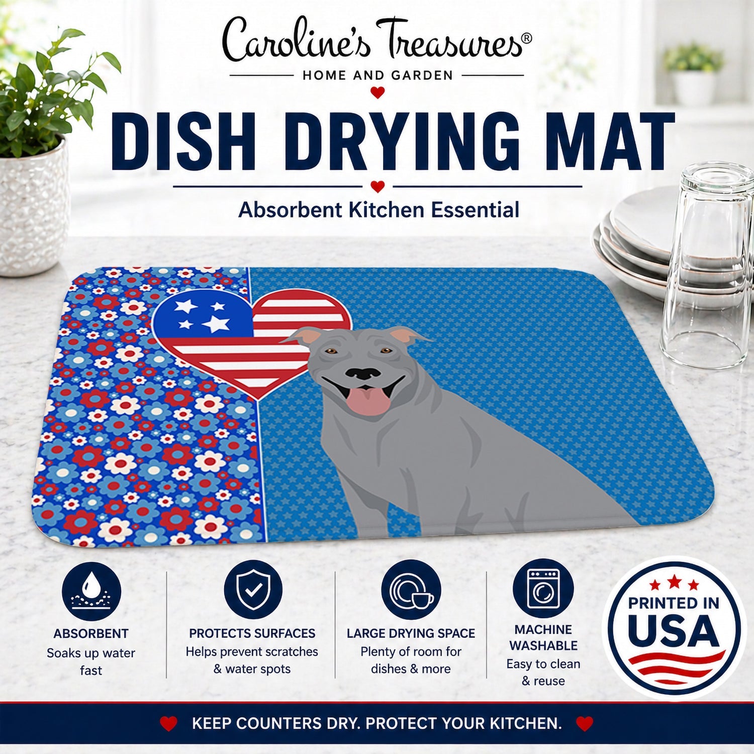 Blue Pit Bull Terrier USA American Dish Drying Mat Absorbent Dish Drying Mat Pad for Kitchen Counter Dish Drainer Mat for Countertop, 14 x 21", Multicolor