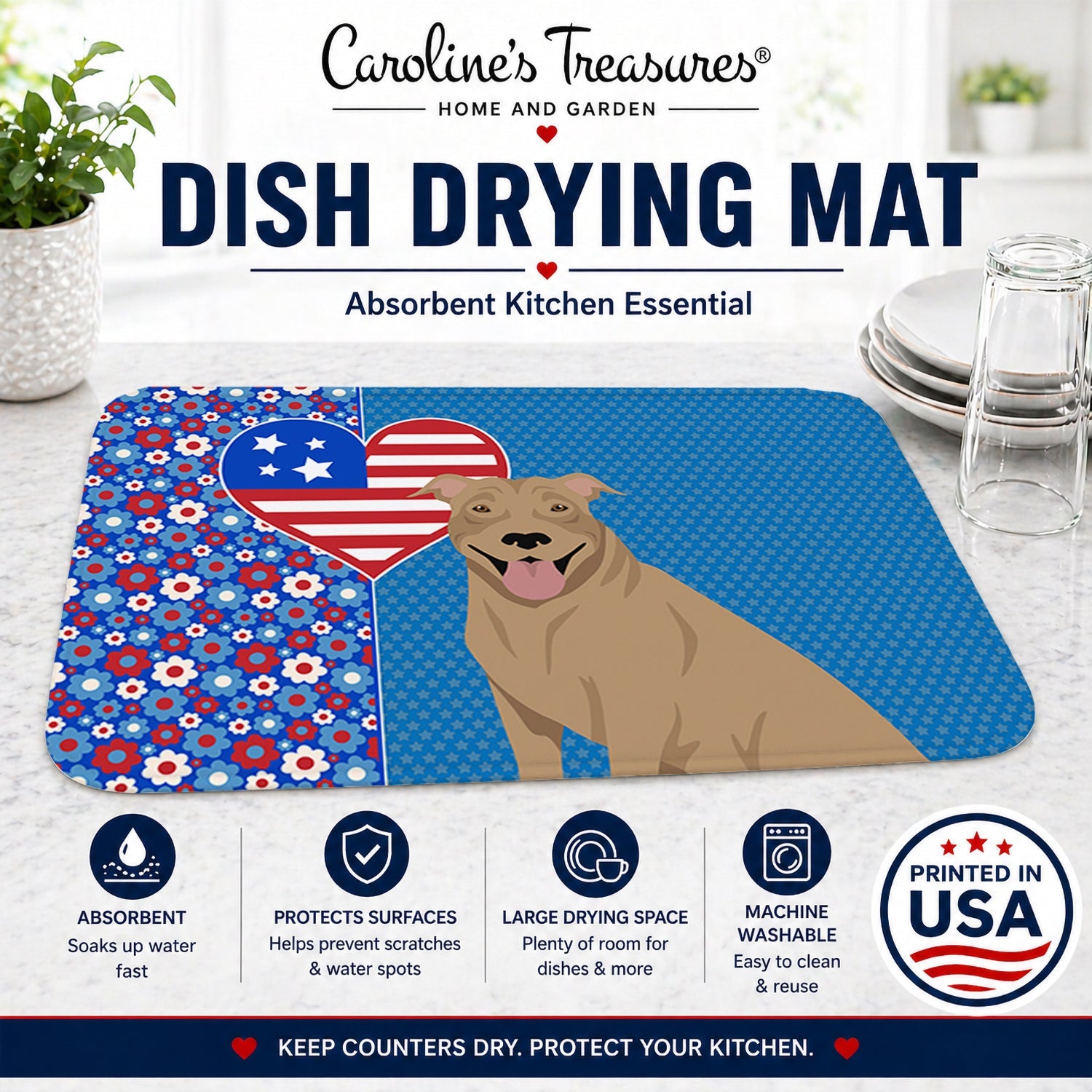 Fawn Pit Bull Terrier USA American Dish Drying Mat Absorbent Dish Drying Mat Pad for Kitchen Counter Dish Drainer Mat for Countertop, 14 x 21", Multicolor