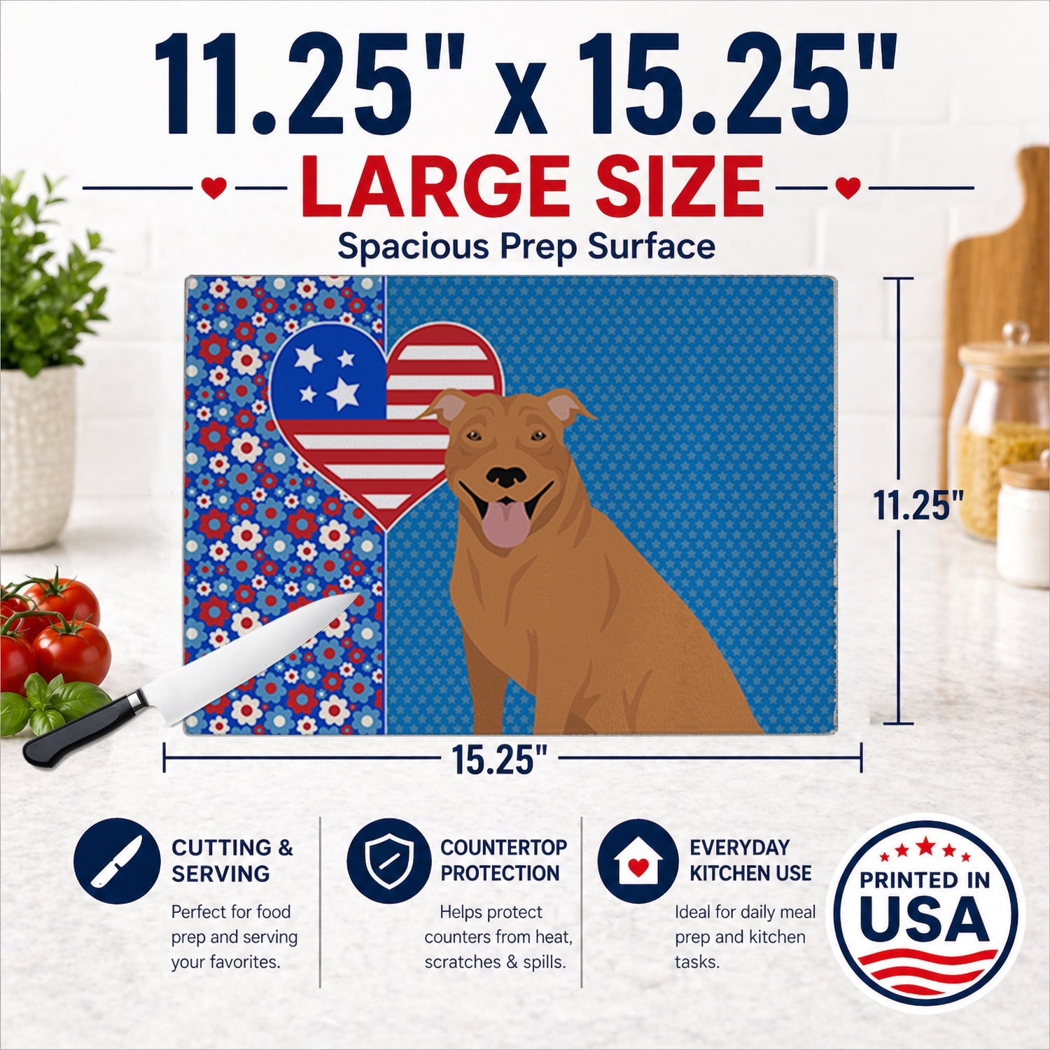 Red Pit Bull Terrier USA American Cutting Board Tempered Glass Kitchen Cutting Surface, Heat Resistant Chopping, Non-Slip Feet, Food Prep & Serving
