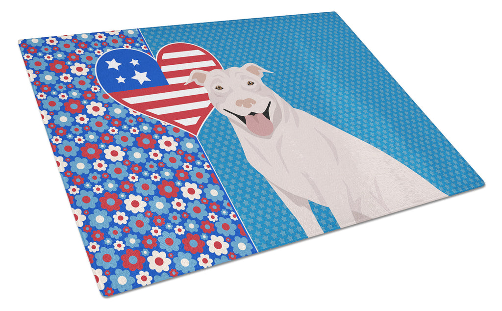 White Pit Bull Terrier USA American Cutting Board Tempered Glass Kitchen Cutting Surface, Heat Resistant Chopping, Non-Slip Feet, Food Prep & Serving