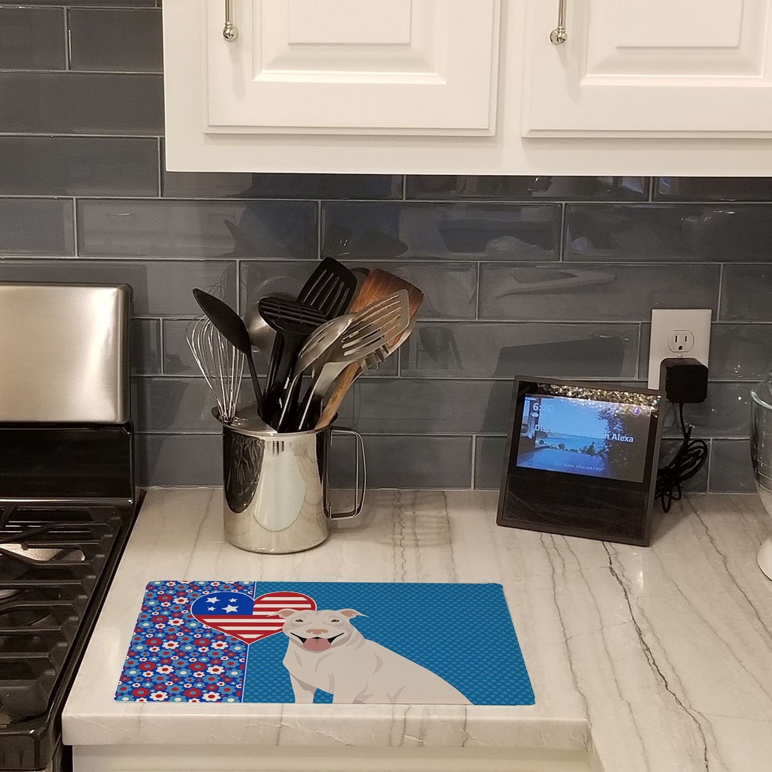White Pit Bull Terrier USA American Cutting Board Tempered Glass Kitchen Cutting Surface, Heat Resistant Chopping, Non-Slip Feet, Food Prep & Serving