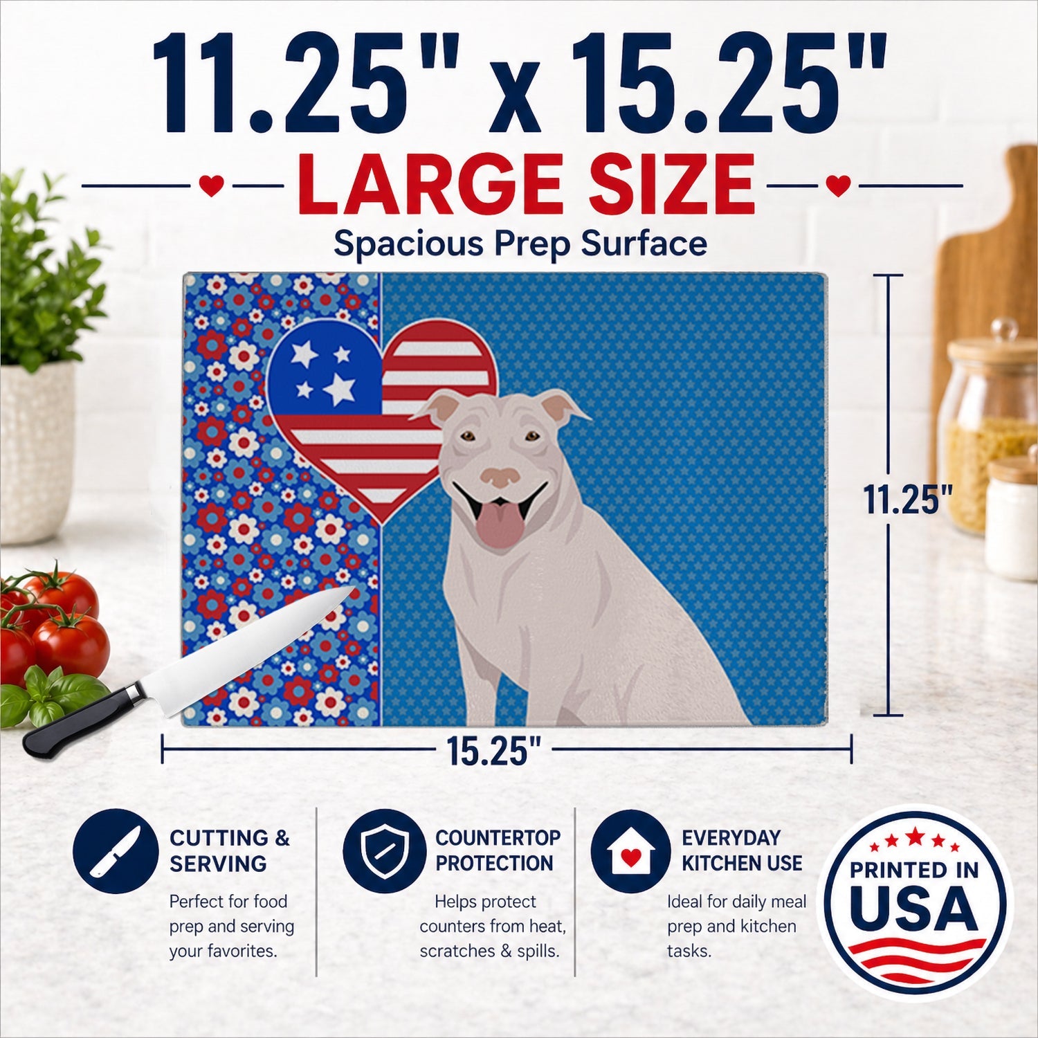 White Pit Bull Terrier USA American Cutting Board Tempered Glass Kitchen Cutting Surface, Heat Resistant Chopping, Non-Slip Feet, Food Prep & Serving