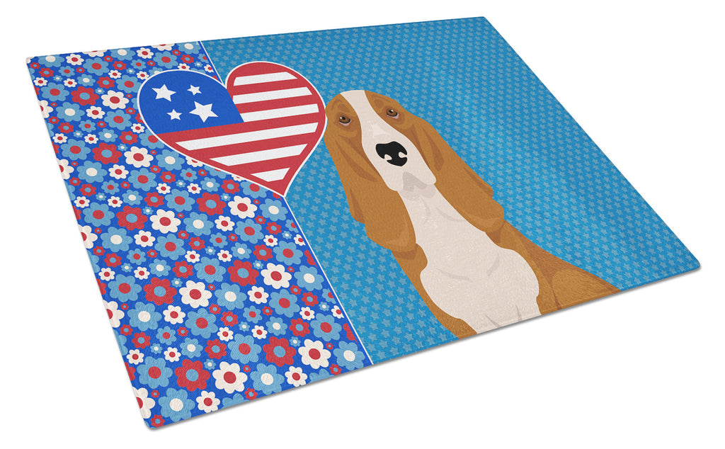 Red and White Tricolor Basset Hound USA American Cutting Board Tempered Glass Kitchen Cutting Surface, Heat Resistant Chopping, Non-Slip Feet, Food Prep & Serving