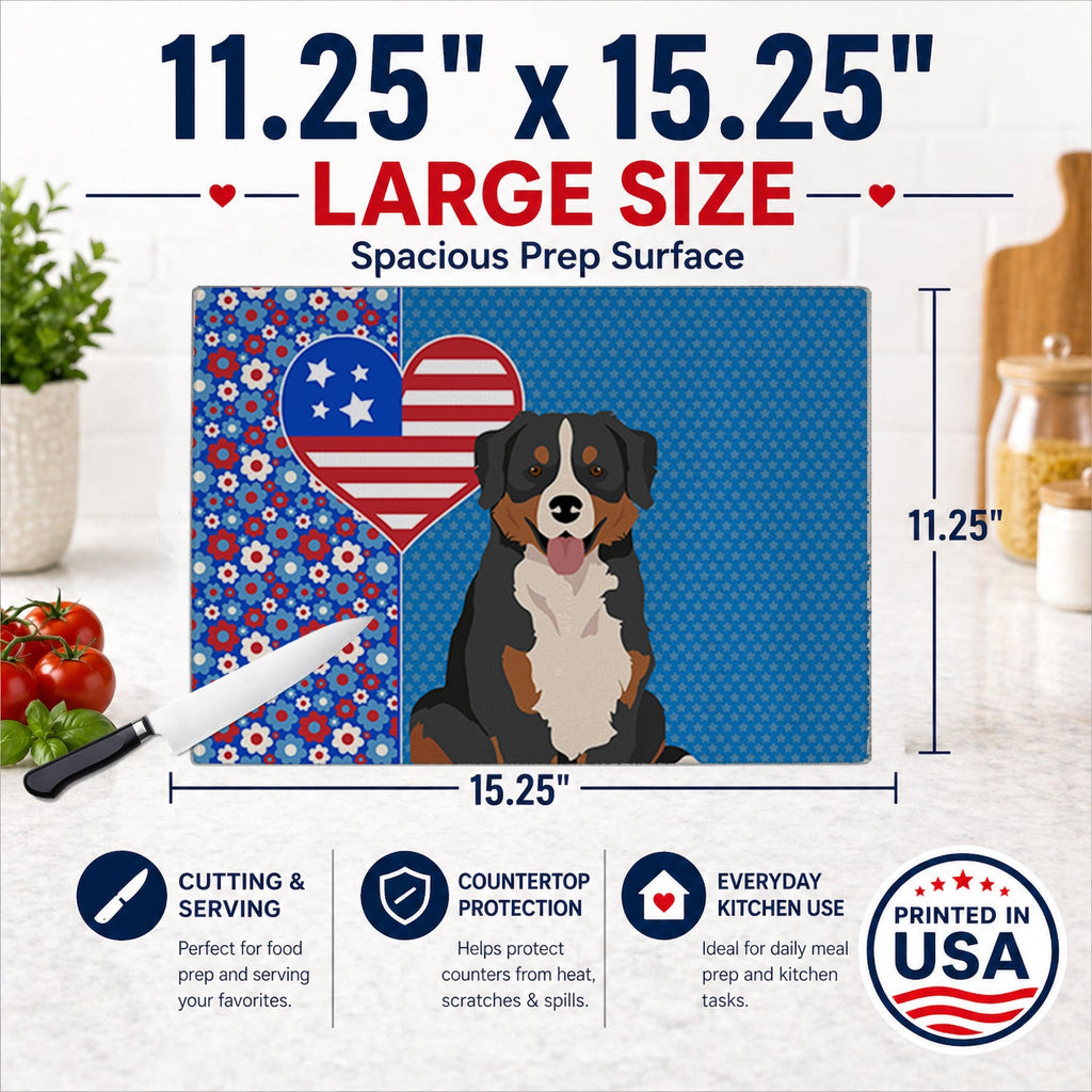 Bernese Mountain Dog USA American Cutting Board Tempered Glass Kitchen Cutting Surface, Heat Resistant Chopping, Non-Slip Feet, Food Prep & Serving